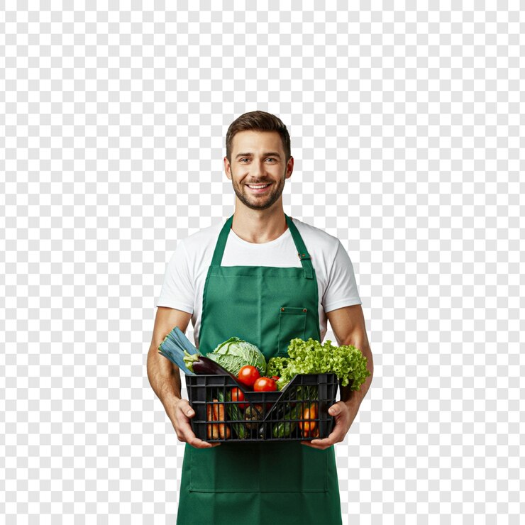Un hombre sosteniendo una canasta llena de verduras frescas aisladas en un fondo transparente
