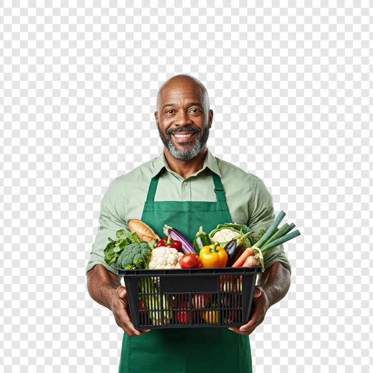 Un hombre sosteniendo una canasta llena de verduras frescas aisladas en un fondo transparente