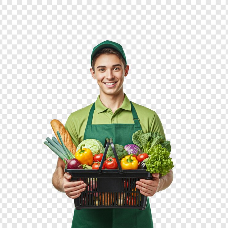 Un hombre sosteniendo una canasta llena de verduras frescas aisladas en un fondo transparente