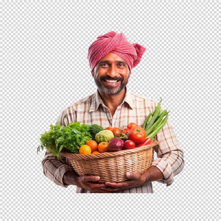 un hombre sosteniendo una canasta de verduras con un turbante rosa en él