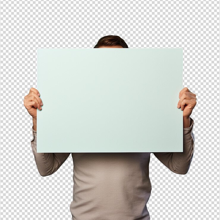PSD hombre sosteniendo un cartel vacío aislado en un fondo transparente png