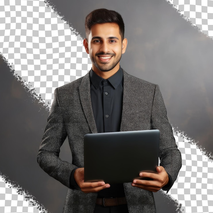 PSD un hombre sosteniendo una computadora portátil con un fondo negro y un fondo blanco con una imagen de un hombre en él.