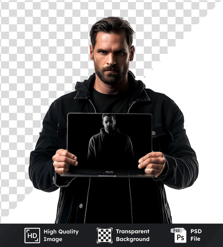PSD hombre sosteniendo una computadora portátil con fondo oscuro fondo transparente premium