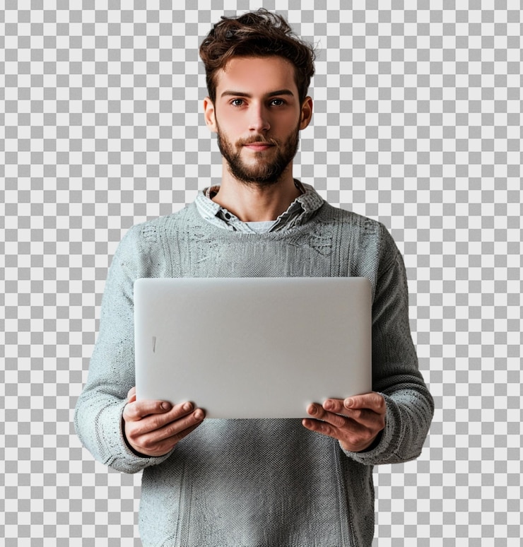 PSD un hombre sosteniendo una computadora portátil en un fondo transparente aislado