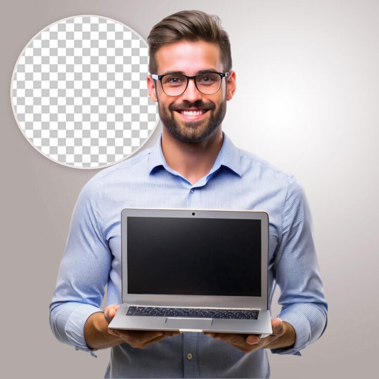 PSD un hombre sosteniendo una computadora portátil en su regazo sobre un fondo transparente