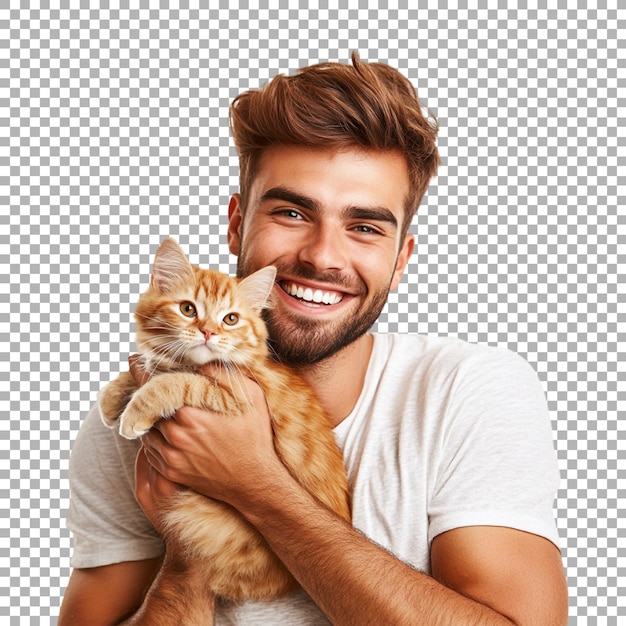 Hombre sosteniendo un gato en los brazos en un fondo transparente