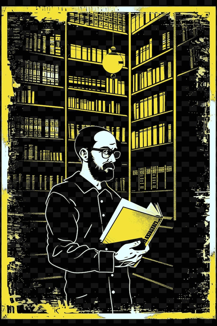 PSD hombre sosteniendo un libro con una biblioteca en el fondo poster d poster png diseños de fondo psd