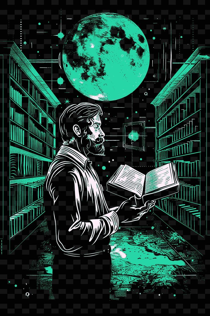 PSD hombre sosteniendo un libro con una biblioteca en el fondo poster d poster png diseños de fondo psd
