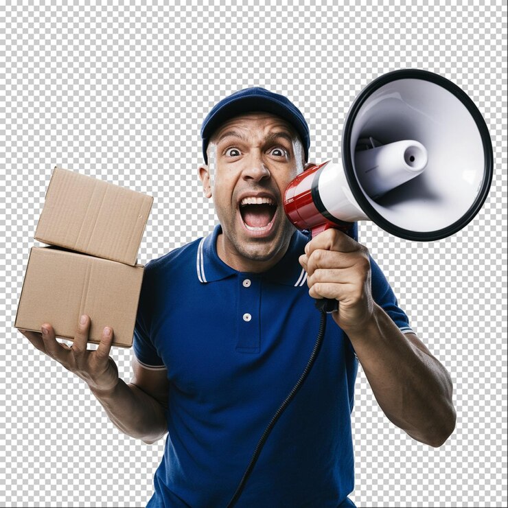 un hombre sosteniendo un megáfono con una caja en él que dice la palabra en él