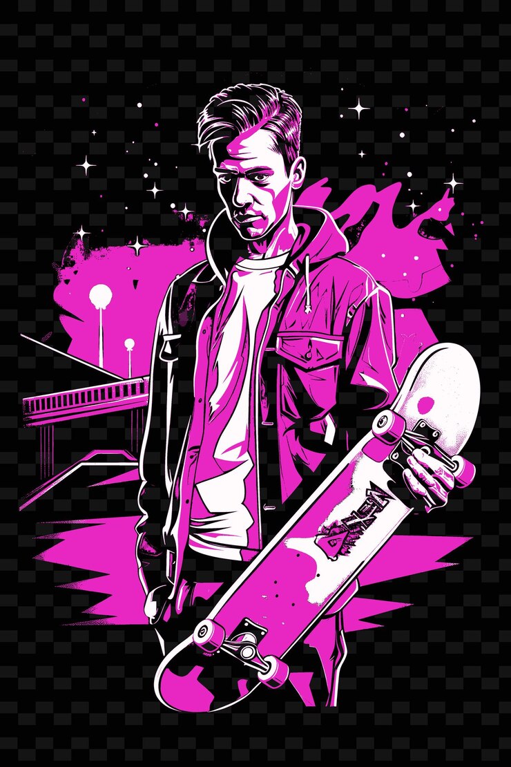 PSD hombre sosteniendo una patineta con un parque de patinaje detrás de él poster png poster diseños de fondo