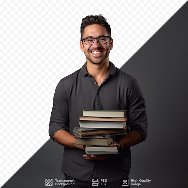 PSD un hombre sosteniendo una pila de libros con un fondo negro con un logo para el sitio web.