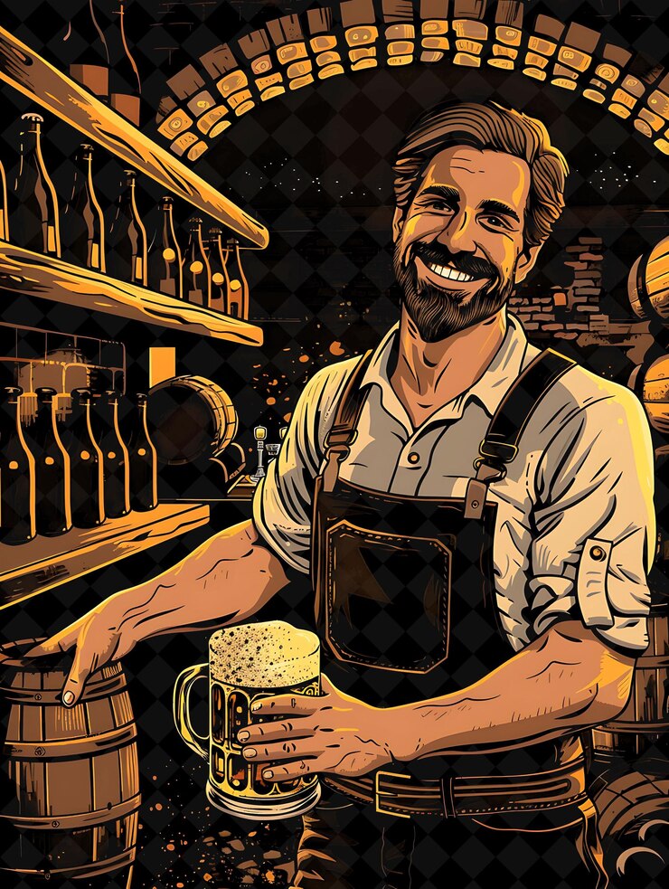 PSD hombre sosteniendo un stein de cerveza y sonriendo con un telón de fondo de una ilustración plana de diseño de cultura de cerveza