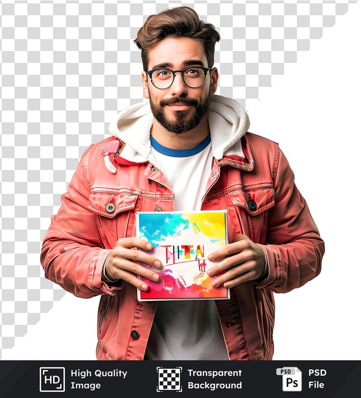 PSD hombre sostiene una caja de pintura colorida imagen aislada artista sonriente muestra suministros de arte hobbyista creativo