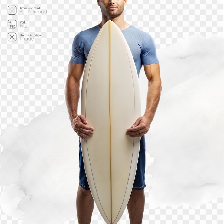 PSD un hombre sostiene una tabla de surf en sus manos