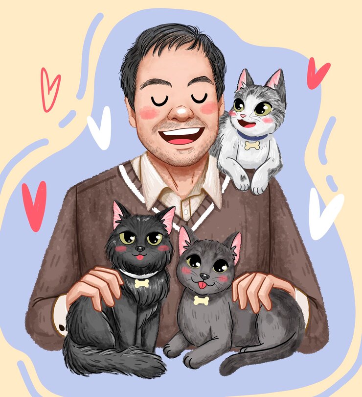 PSD hombre con su mascota de gatitos
