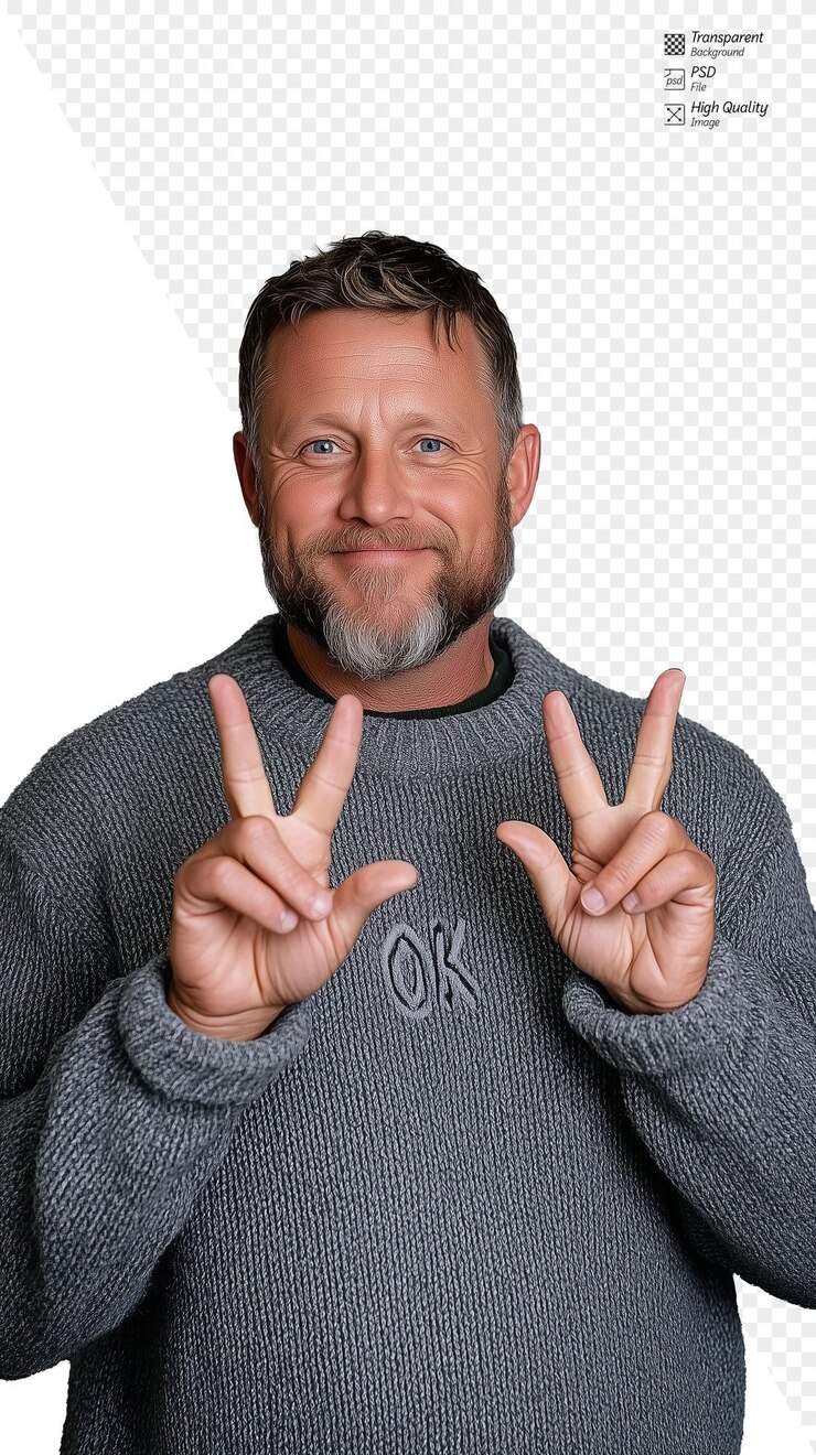 PSD hombre con suéter gris haciendo un signo de paz con las manos en un fondo transparente expresión alegre