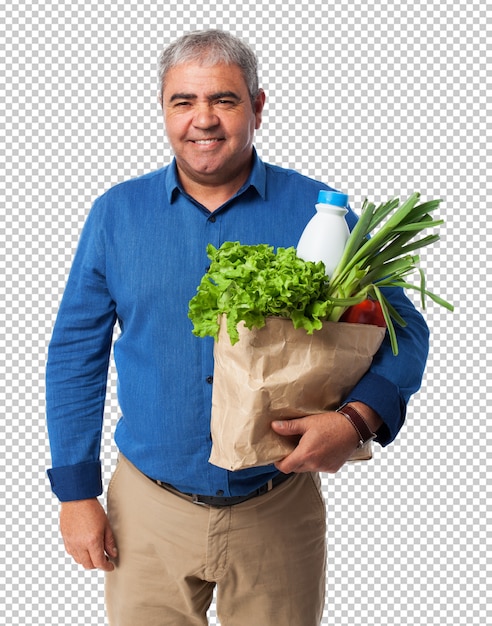Hombre sujetando una bolsa de comida