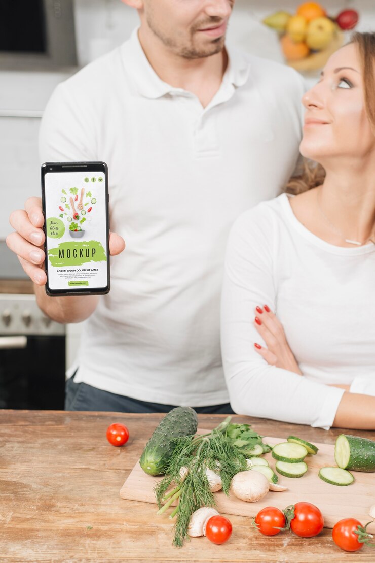 PSD hombre sujetando el teléfono inteligente en la cocina mientras cocina con mujer