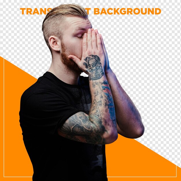 hombre tatuado con las manos en la cara y cansado
