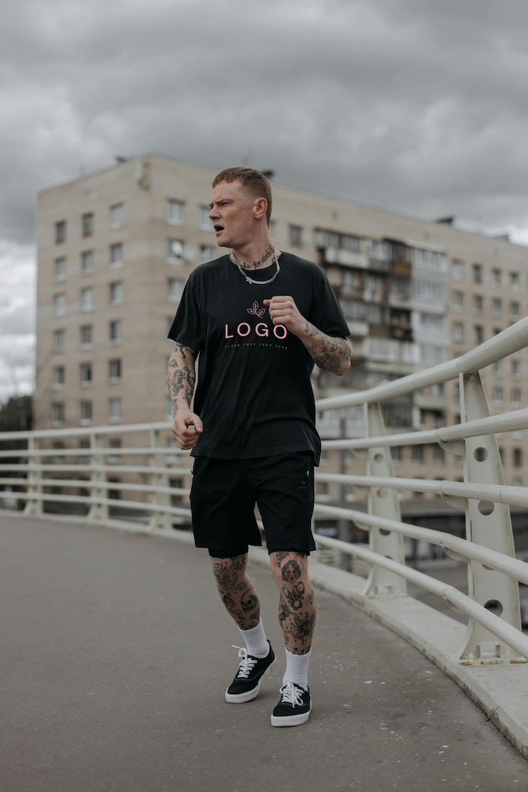 PSD un hombre con tatuajes en los brazos está corriendo por un puente