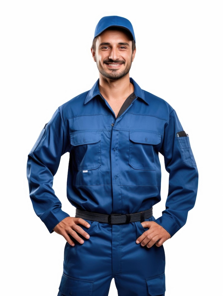 PSD hombre técnico usar uniforme azul en fondo transparente