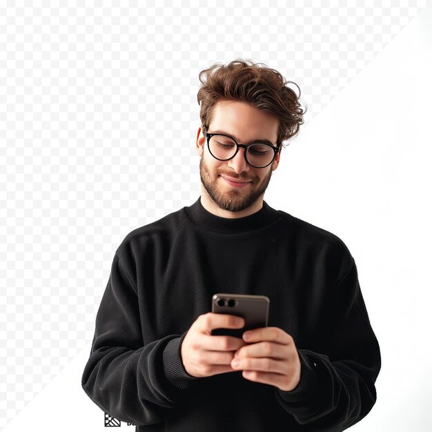 Hombre con teléfono inteligente sobre fondo blanco aislado