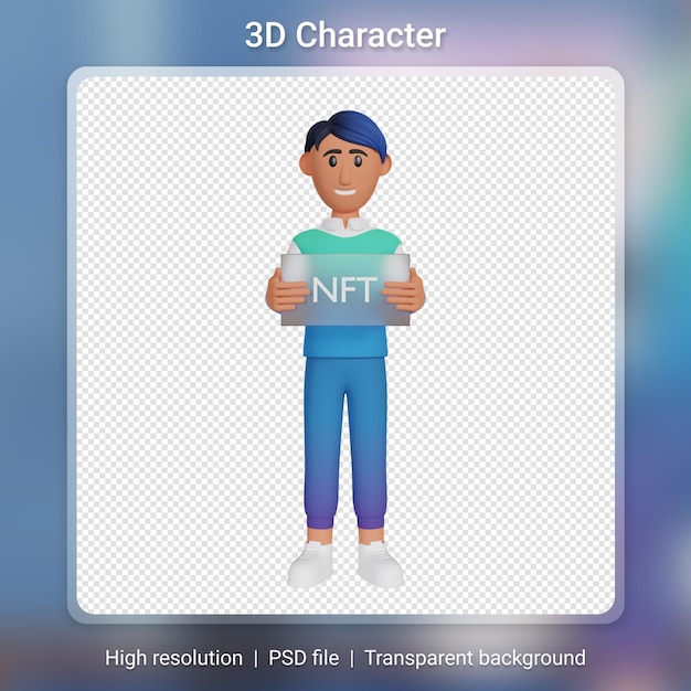 PSD hombre, tenencia, nft, tablero, 3d, ilustración