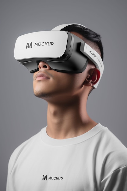 Hombre de tiro medio con gafas de realidad virtual.