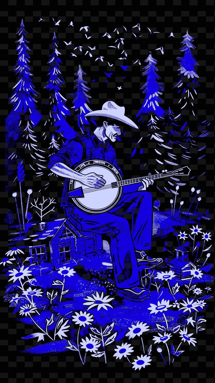 PSD un hombre tocando un banjo en el bosque