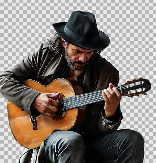 Hombre tocando la guitarra en un fondo transparente aislado