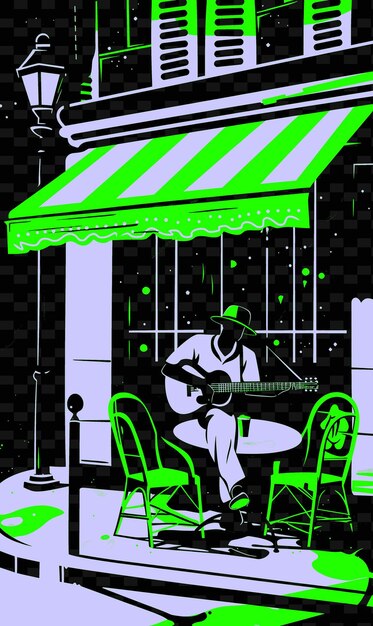 un hombre tocando la guitarra frente a un restaurante con un toldo verde