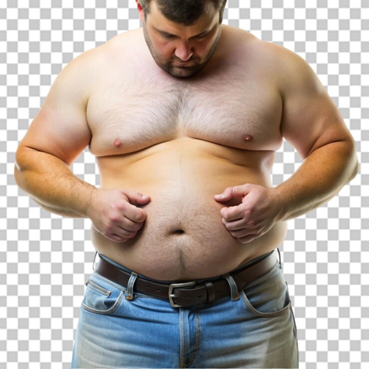 PSD hombre tocando su grasa barriga cortada en un fondo transparente