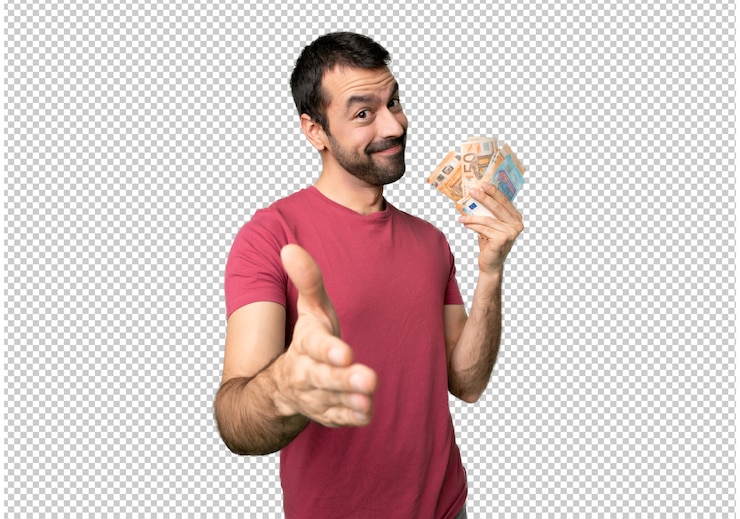 PSD hombre tomando mucho dinero dándose la mano para cerrar un buen negocio