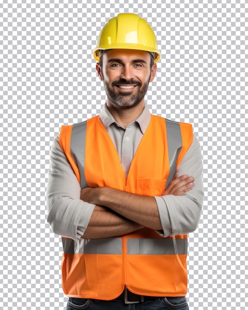 Hombre trabajador con los brazos cruzados con casco de chaleco protector naranja en fondo blanco aislado