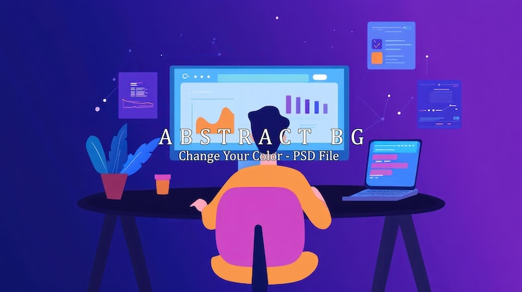 PSD hombre trabajando en computadora con análisis de datos