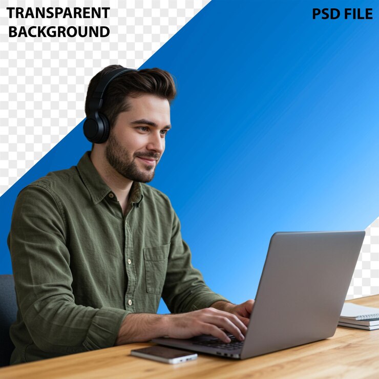 PSD hombre trabajando en una computadora portátil con auriculares