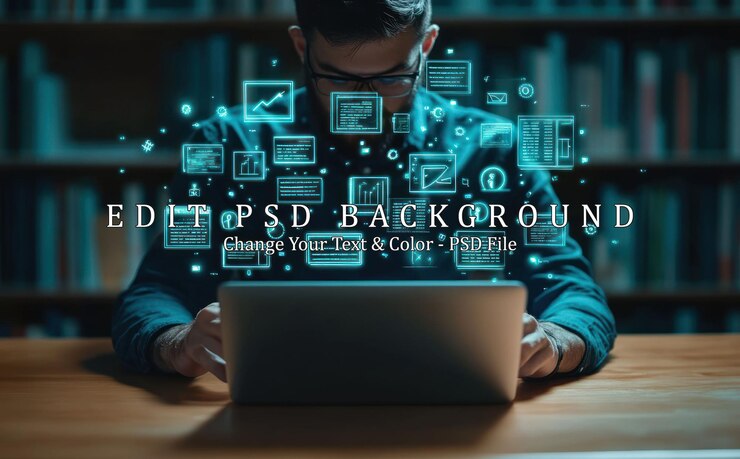 PSD hombre trabajando en una computadora portátil con iconos de datos digitales