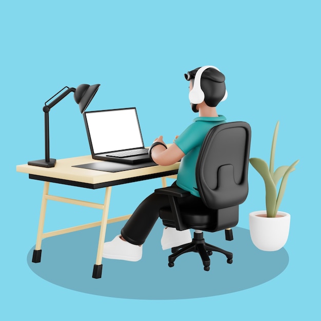 Hombre trabajando en una computadora portátil en su escritorio