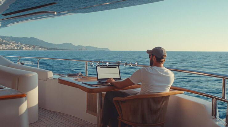 PSD hombre trabajando en una computadora portátil en un yate en el mar
