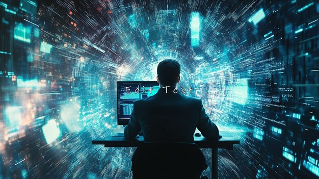 Hombre trabajando en una computadora rodeado de flujos de datos digitales