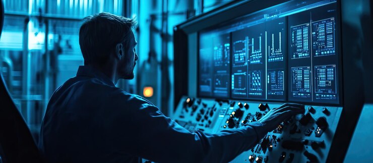 PSD hombre trabajando en un panel de control
