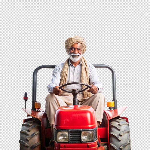 un hombre en un tractor con un cortador de hierba rojo