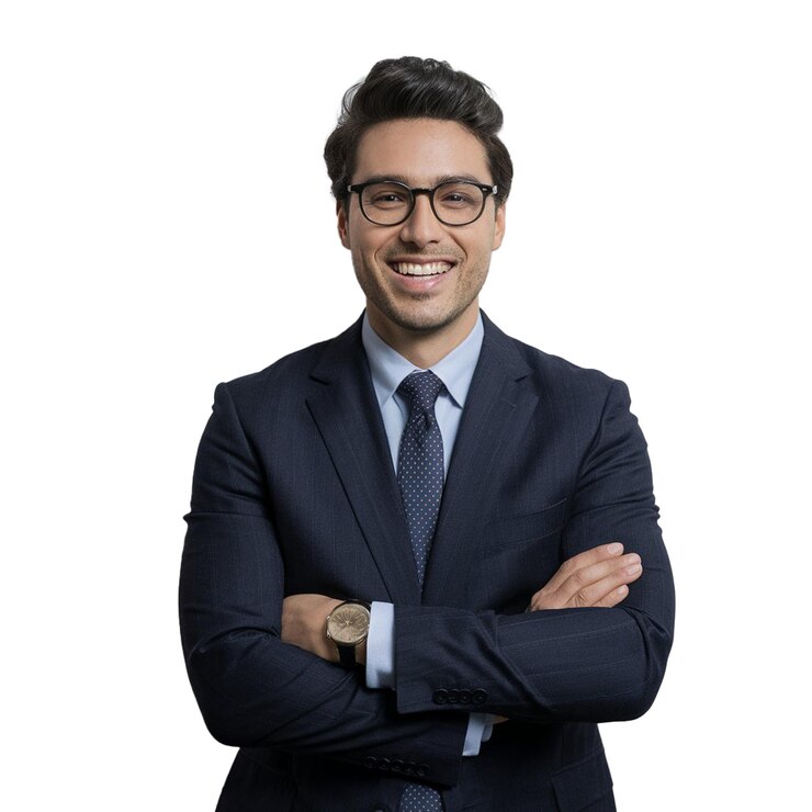 un hombre con un traje con una camisa azul y gafas