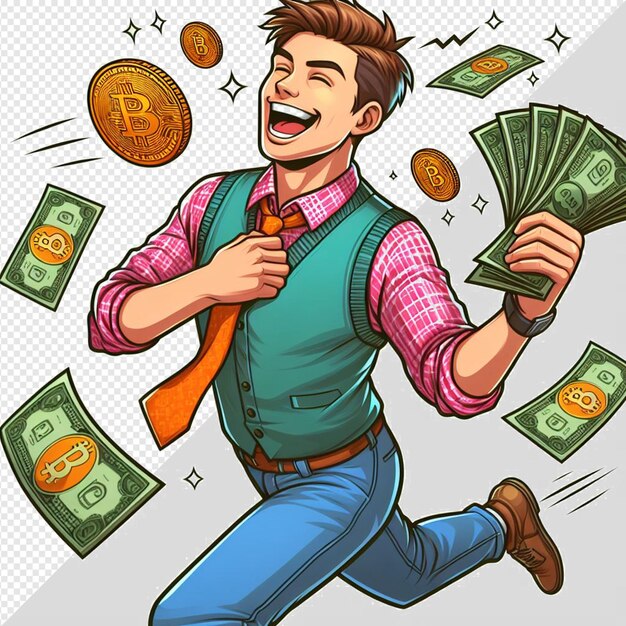 PSD un hombre en un traje casual colorido está celebrando el dinero y bitcoins en un fondo transparente