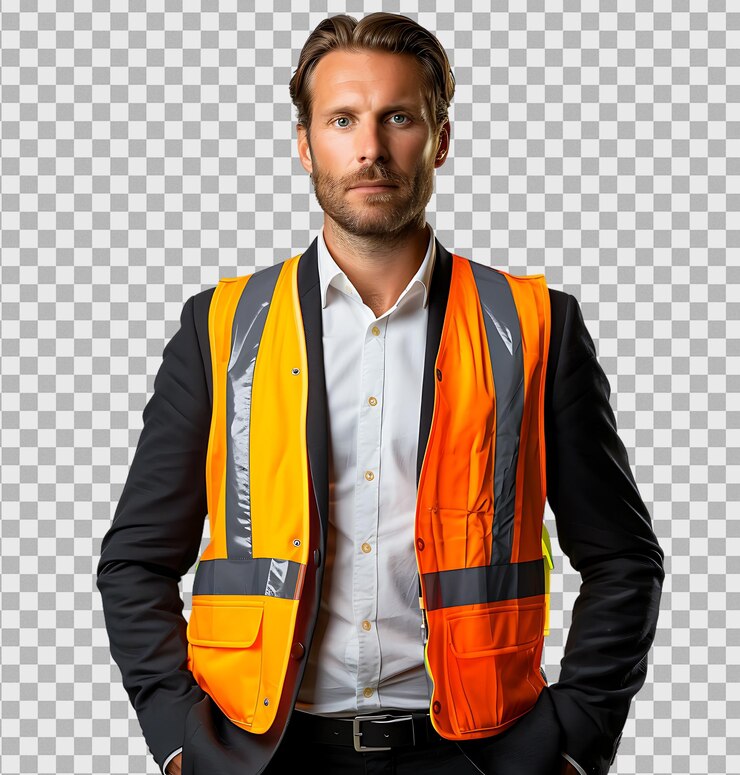 PSD hombre en un traje con un chaleco hivis en un fondo transparente