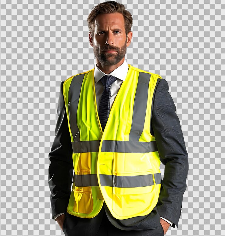 PSD hombre en un traje con un chaleco hivis en un fondo transparente
