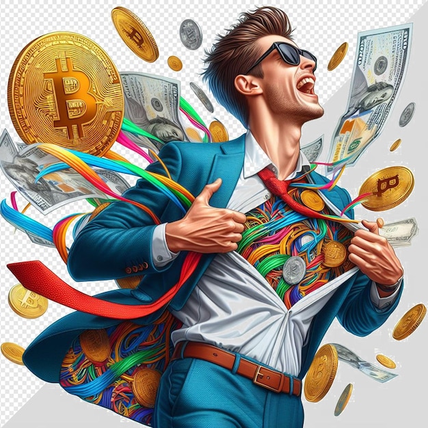 Un hombre en un traje colorido está celebrando el dinero y bitcoins en un fondo transparente