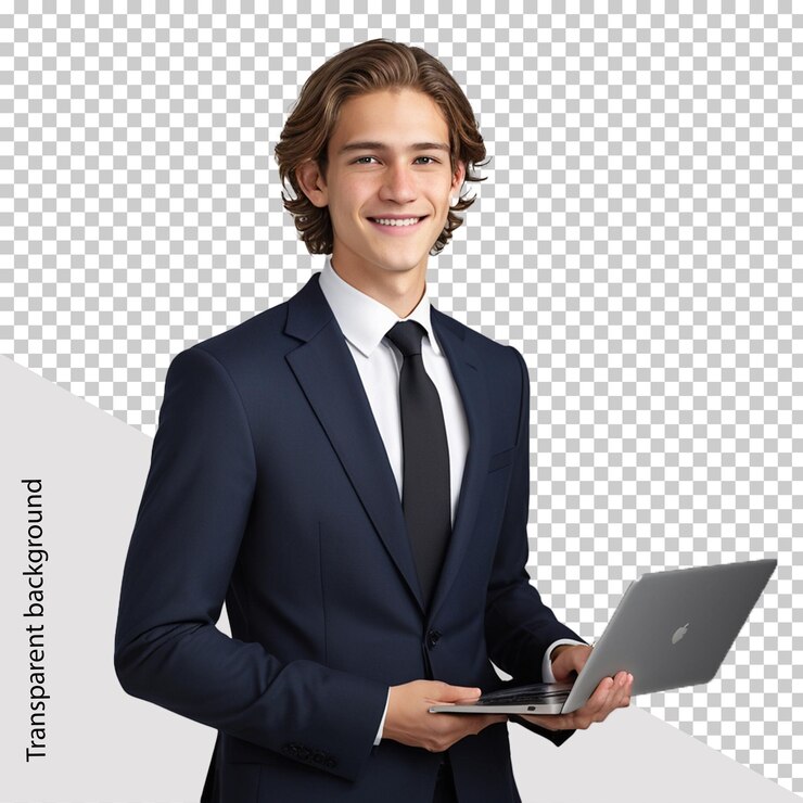 un hombre en un traje con una computadora portátil y una foto de un hombre en ella