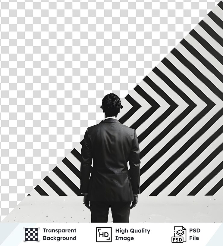 PSD hombre de traje contempla rayas geométricas negras y blancas diseño de pared imagen aislada de un hombre