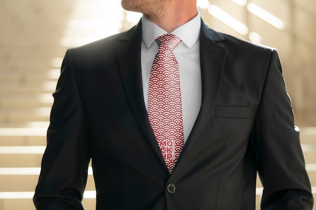 Hombre en traje con corbata rosa vista frontal